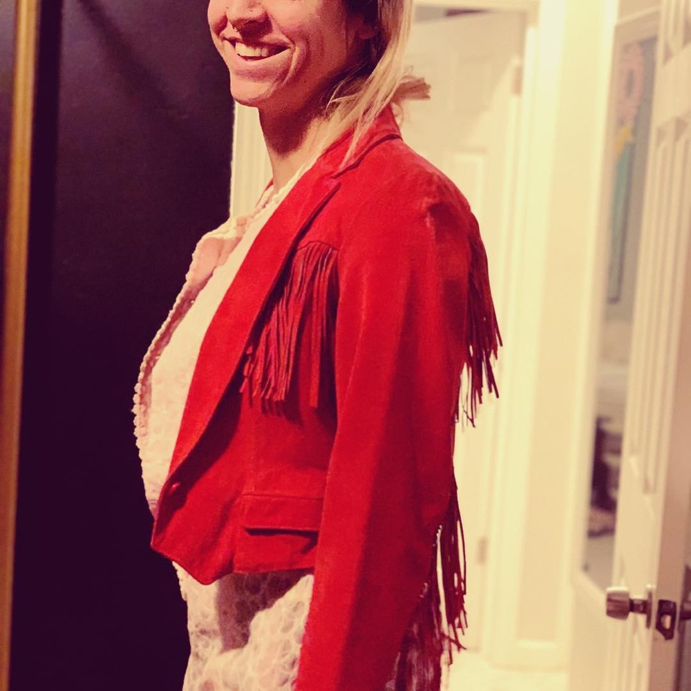 Red Suede Fringe Leather Jacket - Picture 2 of 3